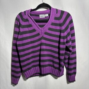 Vintage Purple Black Striped V‎ Neck Long Sleeve Sweater Top Womens S Blokecore